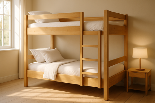 A modern wooden bunk bed in a well-lit bedroom with natural sunlight coming through a window, placed on a light-colored wooden floor with a neutral wall background. The bunk bed has a clean and minimal design, white bedding with pillows, and a small bedside table with a lamp. Photorealistic, high-resolution, 3D render style, depth of field, sharp details, and soft natural lighting.